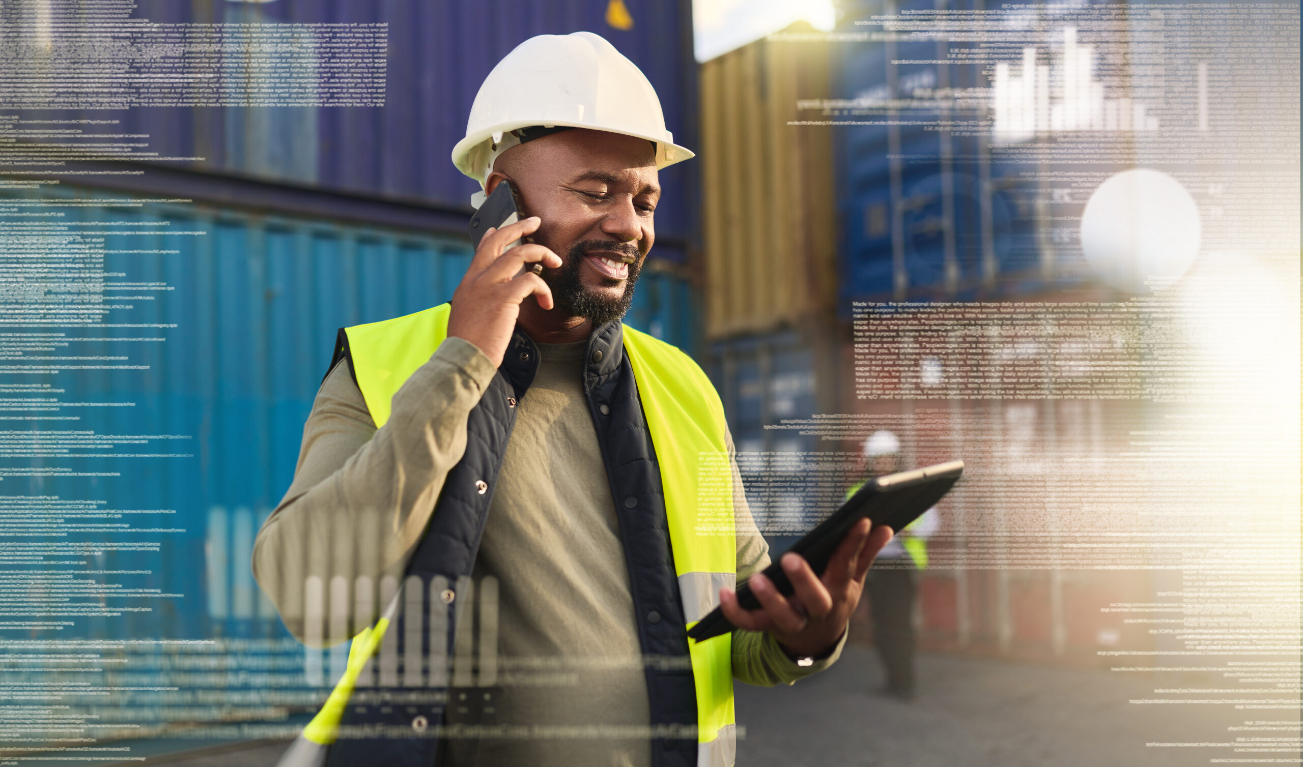 SAP Logistics, supply chain and tablet with a man on call for online order and shipping in a container yard with overlay. Ecommerce, futuristic and communication with a delivery courier at work in export.